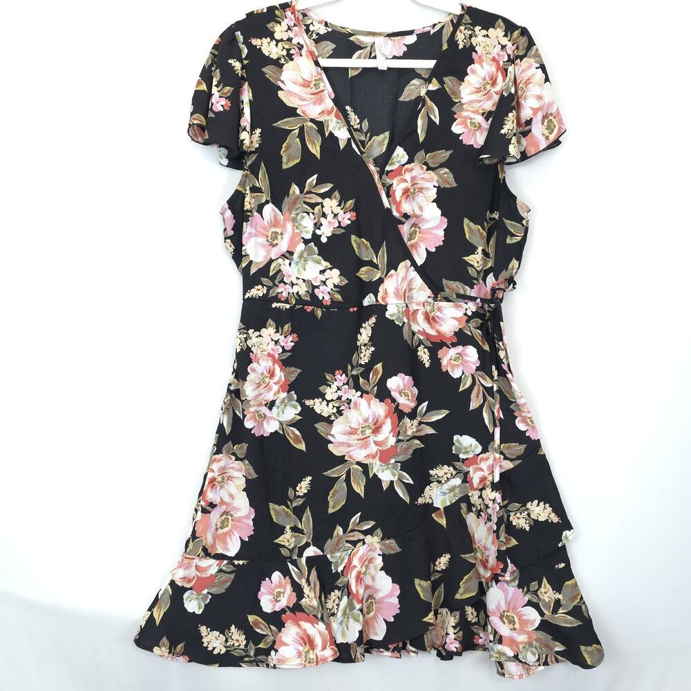 Xhilaration Dress Women XL Black Floral Short‎ Sleeve Ruffle Wrap Cottagecore